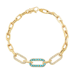 14K Gold Alternating Triple Diamond & Turquoise Thick Oval Link Bracelet ~ Small Links