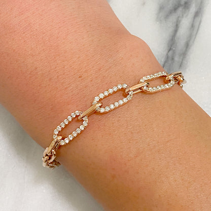 14K Gold Triple Diamond Thick Oval Link Bracelet ~ Small Links