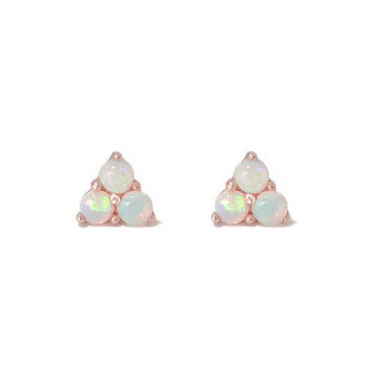 14K Gold Triple Opal Cabochon Trinity Cluster Stud Earrings