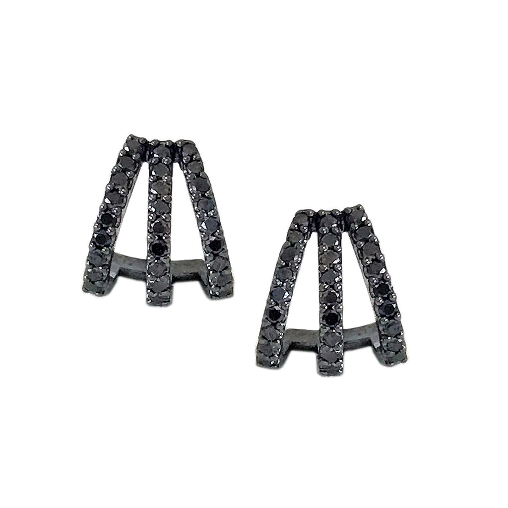 14K Gold Pavé Black Diamond 3 Row Hoop Stud Earrings