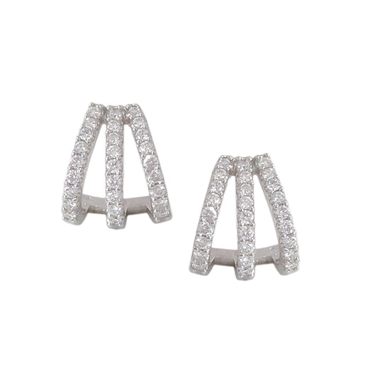 14K Gold Pavé Diamond 3 Row Hoop Stud Earrings