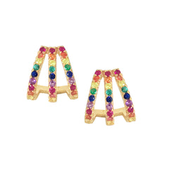 14K Gold Pavé Rainbow Gemstone 3 Row Hoop Stud Earrings