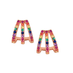 14K Gold Pavé Rainbow Gemstone 3 Row Hoop Stud Earrings