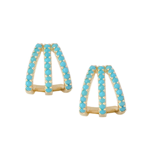 14K Gold Pavé Turquoise Gemstone 3 Row Hoop Stud Earrings