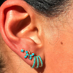 14K Gold Pavé Turquoise Gemstone 3 Row Hoop Stud Earrings