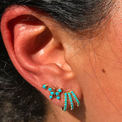 14K Gold Pavé Turquoise Gemstone 3 Row Hoop Stud Earrings