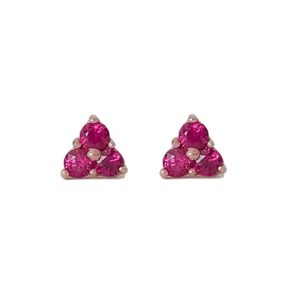 14K Gold Triple Ruby Trinity Cluster Stud Earrings
