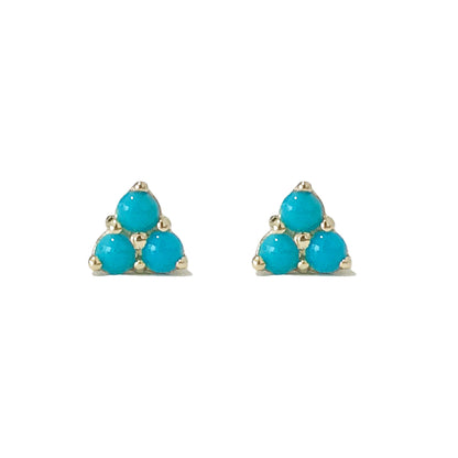 14K Gold Triple Turquoise Cabochon Trinity Cluster Stud Earrings