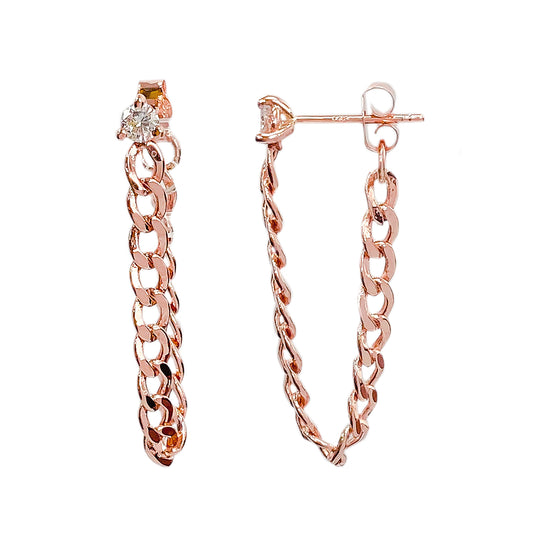 3mm Diamond Solitaire 14K Gold Open Curb Link Chain Dangle Stud Earrings