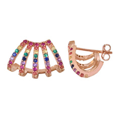 14K Gold Pavé Rainbow Gemstone 5 Row Hoop Stud Earrings