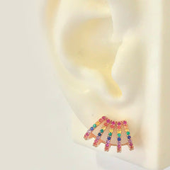14K Gold Pavé Rainbow Gemstone 5 Row Hoop Stud Earrings
