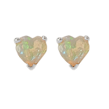 14K Gold Faceted Opal Heart Solitaire Stud Earrings