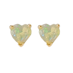 14K Gold Faceted Opal Heart Solitaire Stud Earrings
