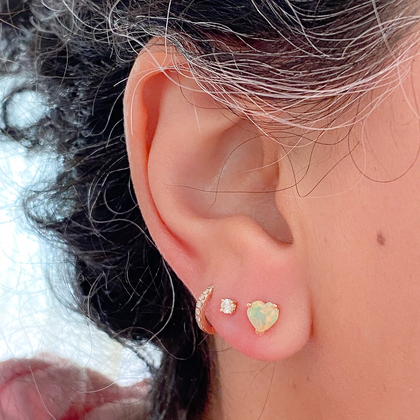 14K Gold Faceted Opal Heart Solitaire Stud Earrings