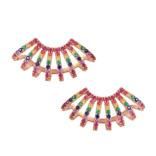 14K Gold Pavé Rainbow Gemstone 8 Row Hoop Stud Earrings