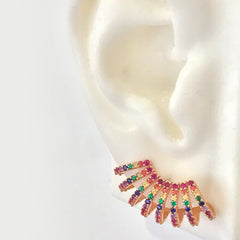14K Gold Pavé Rainbow Gemstone 8 Row Hoop Stud Earrings