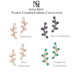 14K Gold Black Diamond Floral Climber Earrings