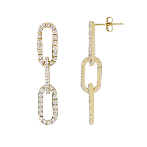 14K Gold Full Pavé Diamond Enhancer & Thick Oval Link Chain Convertible Dangle Stud Earrings, Large Size Links