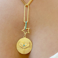 14K Gold Turquoise Fluted Phoenix Medallion Necklace