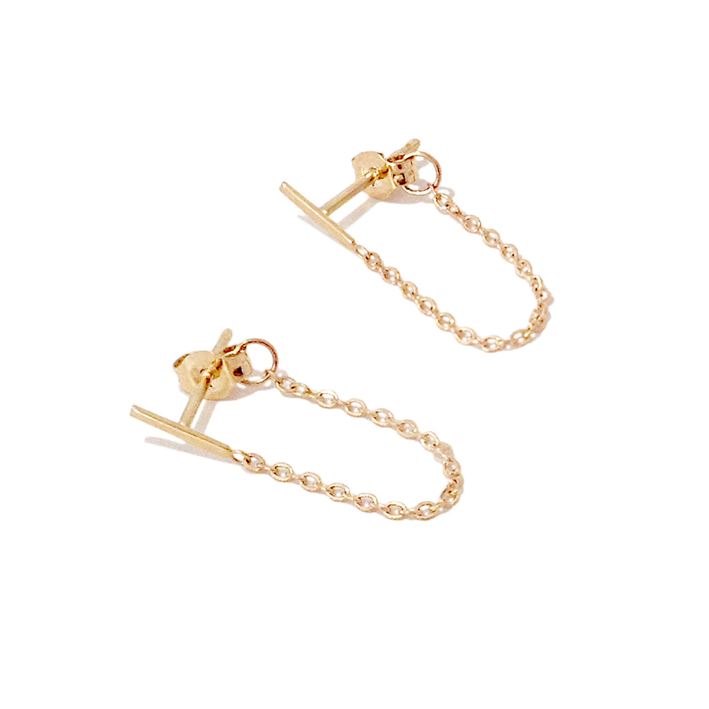 14K Gold XS Bar Chain Dangle Stud Earrings