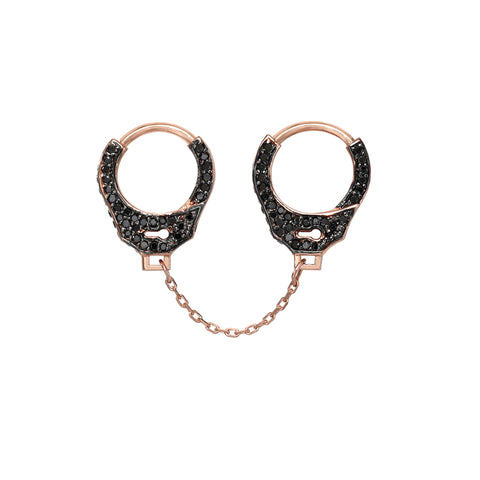 14K Gold Pavé Black Diamond Double Handcuff Huggie Hoop Earrings