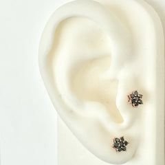 14K Gold Black Diamond Rosebud Flower Stud Earrings
