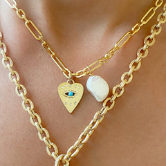 14K Gold Single Diamond Detail Evil Eye Heart Medallion Necklace, Available with Turquoise, Ruby or Sapphire Centerstone