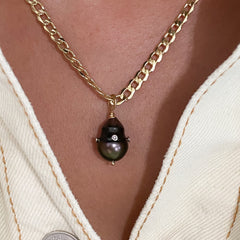 14K Gold Diamond Orbit Baroque Tahitian Cultured Pearl Pendant