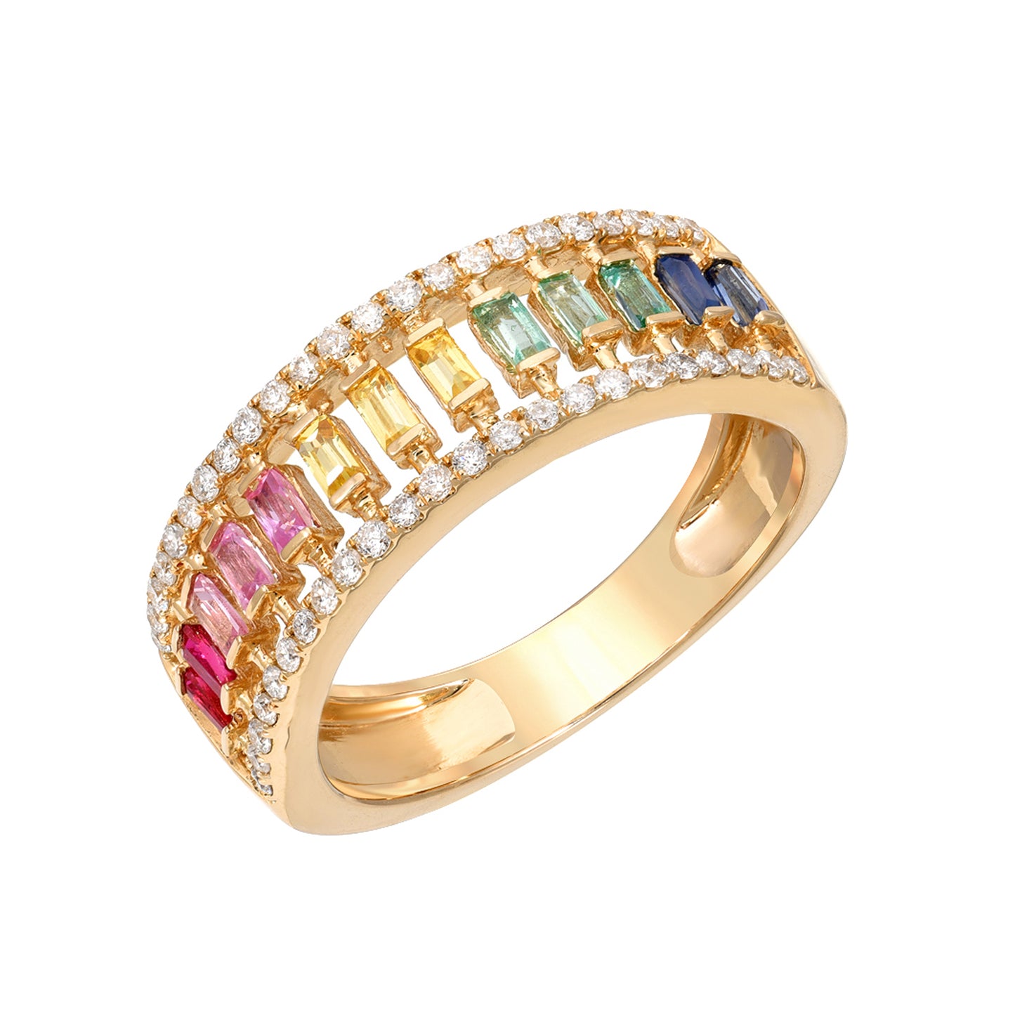 14K Gold Pavé Diamond & Rainbow Baguette Half Eternity Caged Band, One Of A Kind LIMITED EDITION