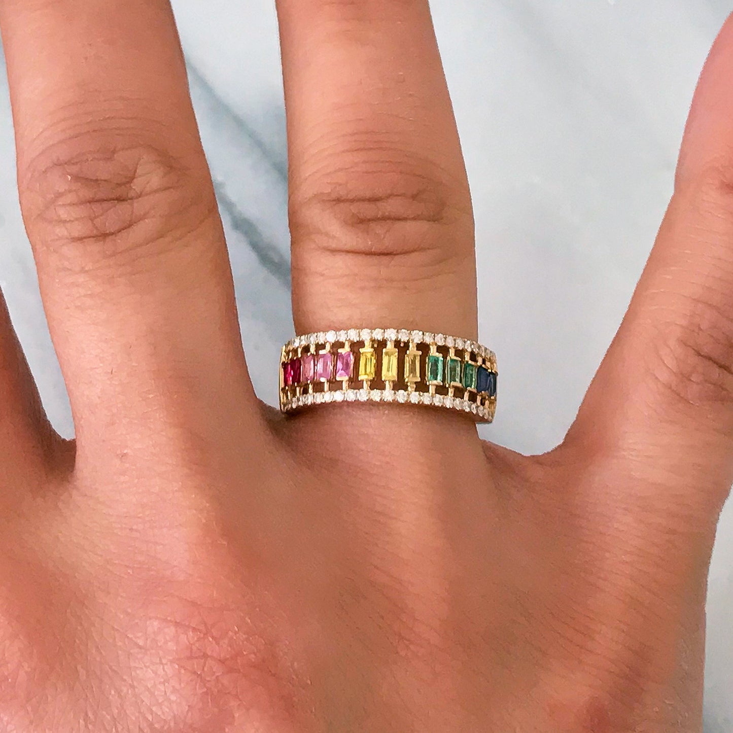 14K Gold Pavé Diamond & Rainbow Baguette Half Eternity Caged Band, One Of A Kind LIMITED EDITION