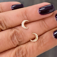14K Gold Pavé Diamond Crescent Moon Stud Earrings