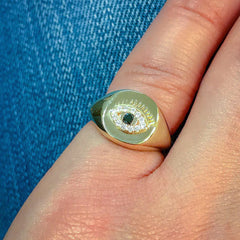14K Gold Diamond Evil Eye Signet Ring