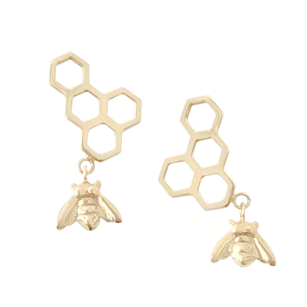 14K Gold Honeycomb Dangle Bee Climber Stud Earrings