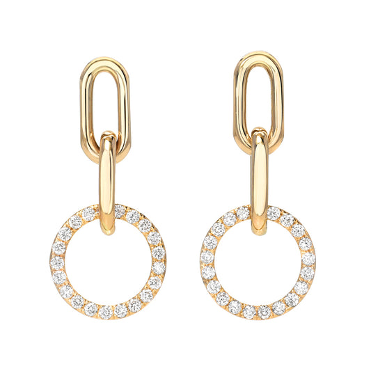 14K Gold Diamond Halo Thick Oval Link Chain Dangle Stud Earrings, Small Size Links