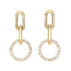 14K Gold Diamond Halo Thick Oval Link Chain Dangle Stud Earrings, Small Size Links