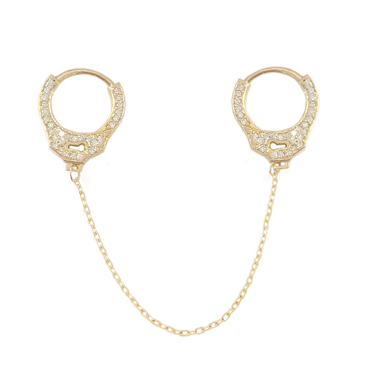 14K Gold Pavé Diamond Double Handcuff Huggie Hoop Earrings