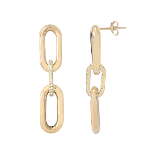 14K Gold Pavé Diamond Enhancer & Thick Oval Link Chain Convertible Dangle Stud Earrings, Large Size Links
