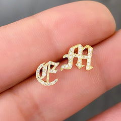 14K Gold Diamond Alphabet Letter Initial Single Stud Earring, Old English Font
