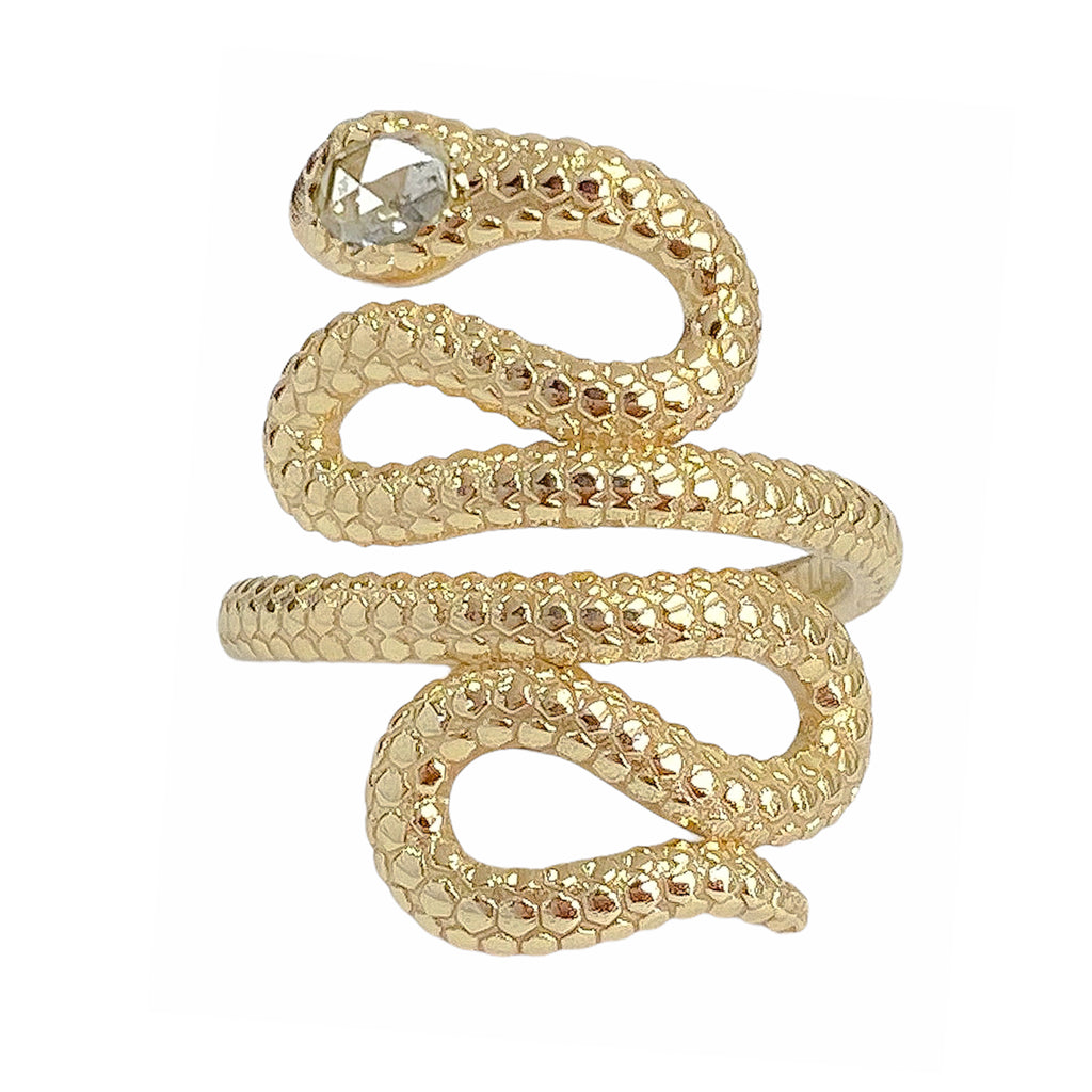14K Gold Swivel Serpent Snake Wrap Ring ~ Oval Rose Cut Diamond Head, LIMITED EDITION