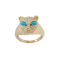 14K Gold Diamond Pavé Panther Signet Ring ~ Marquise Turquoise Eyes