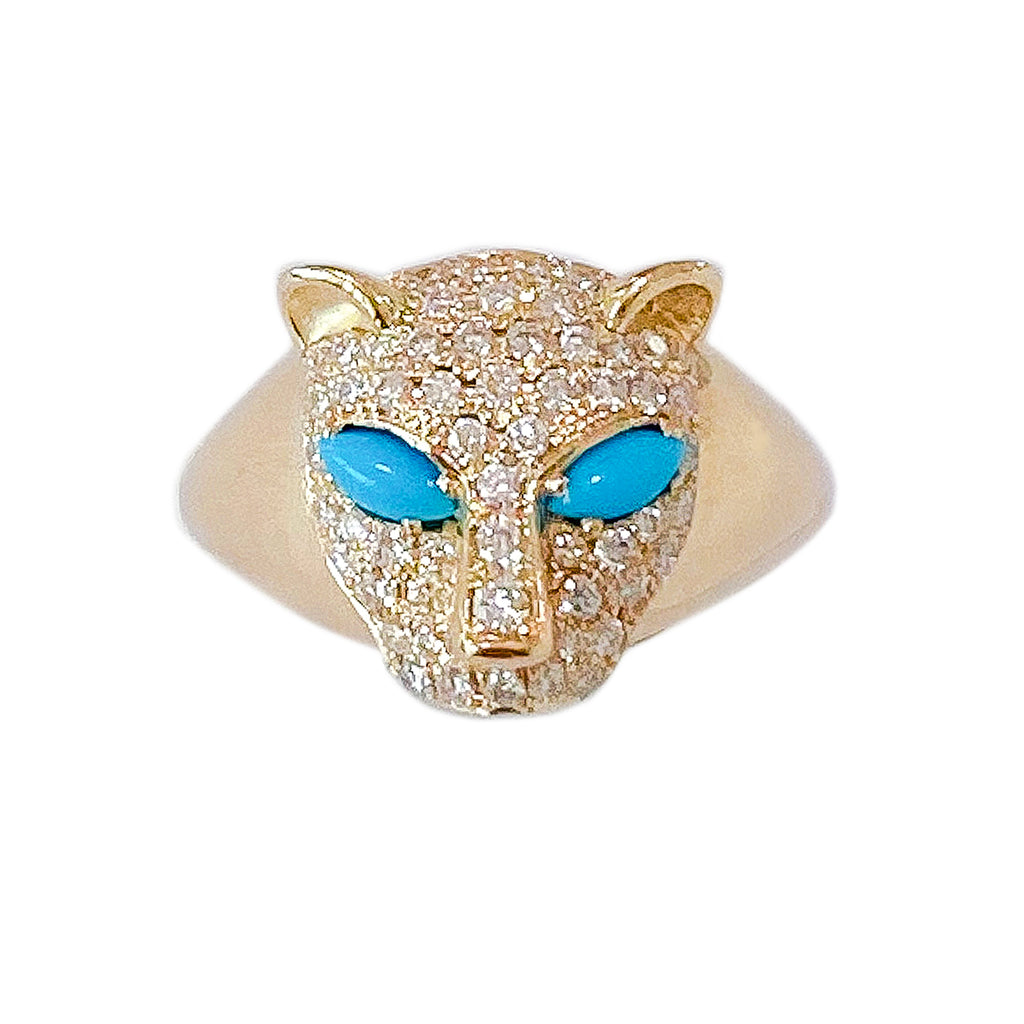 14K Gold Diamond Pavé Panther Signet Ring ~ Marquise Turquoise Eyes