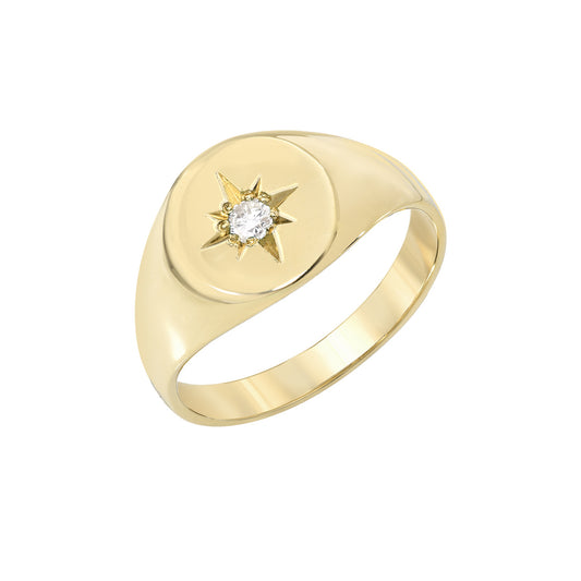 14K Gold Star Set Diamond Round Signet Ring