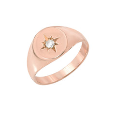 14K Gold Star Set Diamond Round Signet Ring