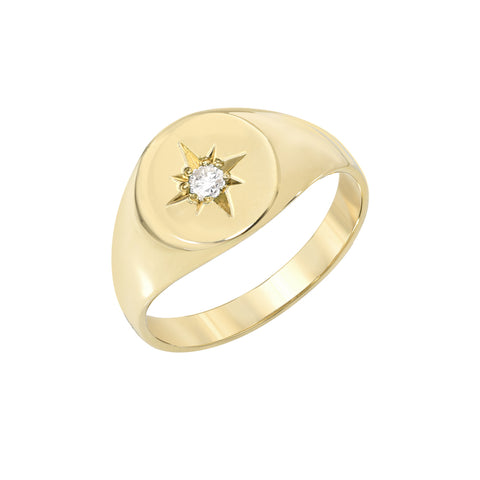 14K Gold Star Set Diamond Round Signet Ring