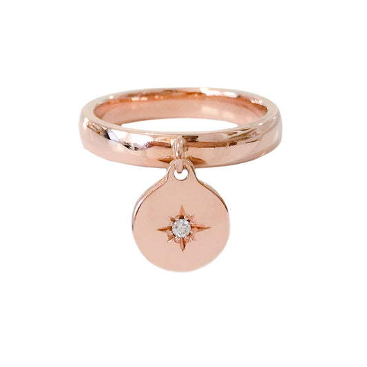 14K Gold Star Set Diamond Round Charm Ring