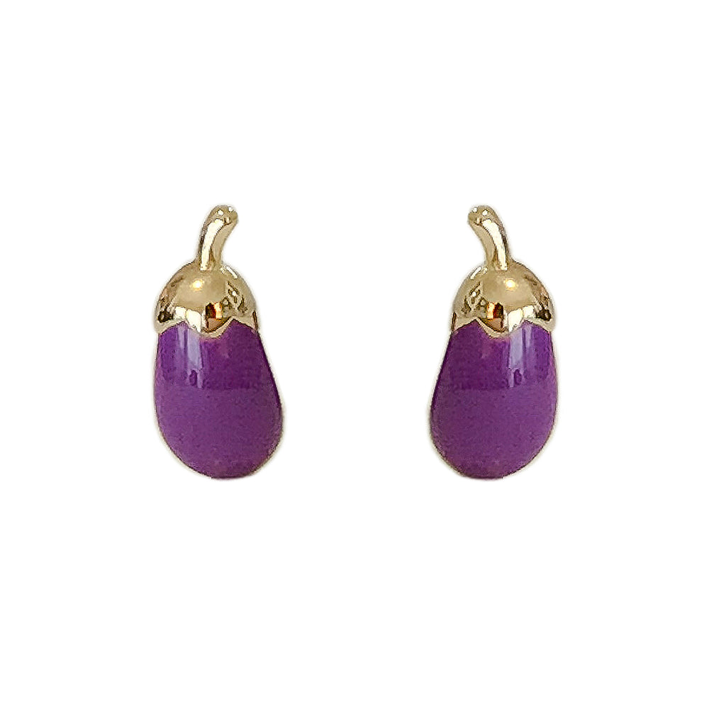 14K Gold XS Eggplant Emoji Enamel Stud Earrings