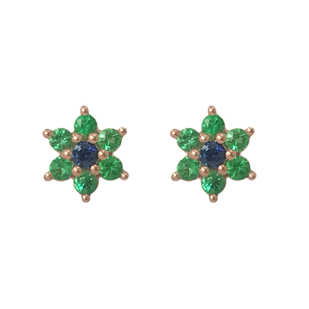 14K Gold Emerald & Sapphire Rosebud Flower Stud Earrings