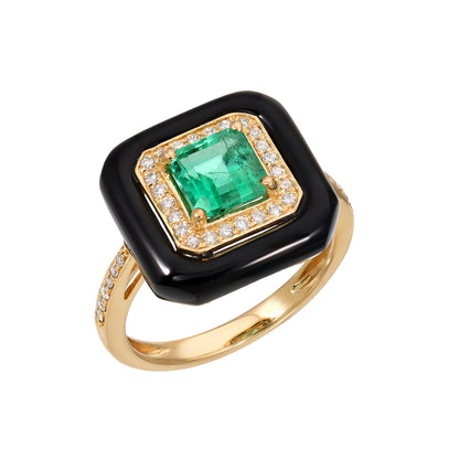 Emerald Solitaire Pavé Diamond & Black Onyx Inlay 18K Gold Ring ~ LIMITED EDITION