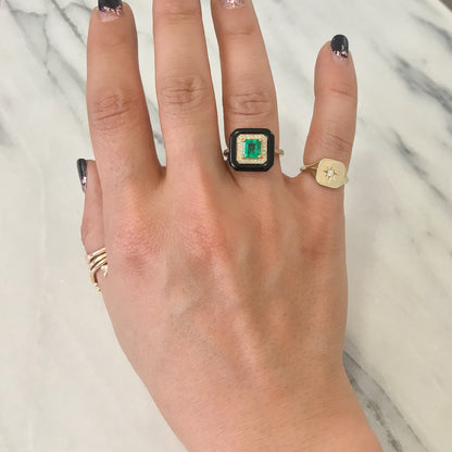 Emerald Solitaire Pavé Diamond & Black Onyx Inlay 18K Gold Ring ~ LIMITED EDITION