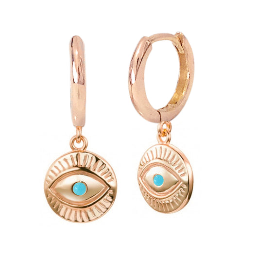 14K Gold Turquoise Evil Eye Dangle Huggie Hoop Charm Earrings ~ All Hoop Sizes